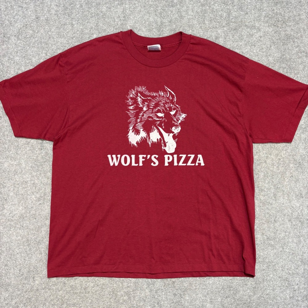 Vintage Hanes Wolfs Pizza T Shirt XL Red Single Stitch Big Bad Wolf Graphic Tee